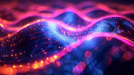 Wall Mural - abstract digital wave with glowing particles and bokeh effect.