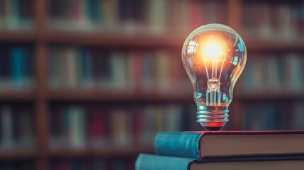 Light bulb on stacked books in library, concept of knowledge and ideas