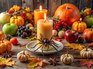 A festive autumnal tablescape features a DIY candle arrangement surrounded by artificial spiders, plastic bones, and seasonal fruits, perfect for a budget-friendly Halloween gathering.