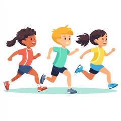 Three cheerful children running together in colorful sportswear, promoting fitness, friendship, and fun outdoor activities.