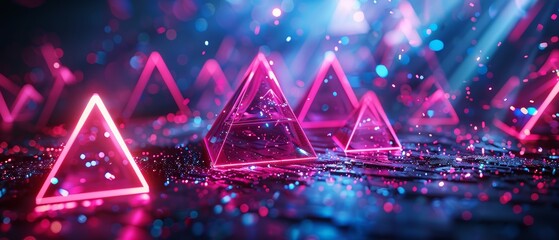 Neon 3D sound triangles in a dark environment, 3D background music, vibrant and striking