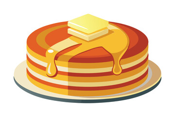 Pancakes with butter and syrup illustration, on white background.