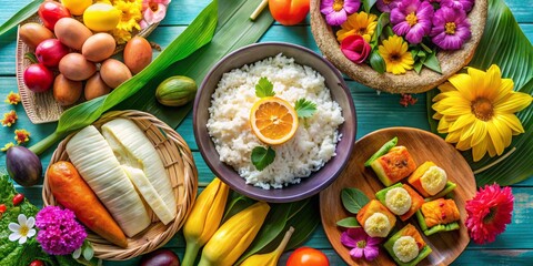 pastel-colored eggs, coconut rice, sweet plantains, tamales, and boricua fruit salad, surrounded by vibrant flowers.