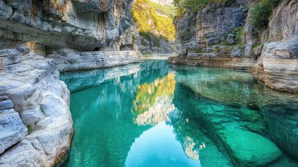 Wall Mural - The winding, turquoise river reflects the subtle colors of the surrounding stone cliffs, offering a peaceful, otherworldly scene