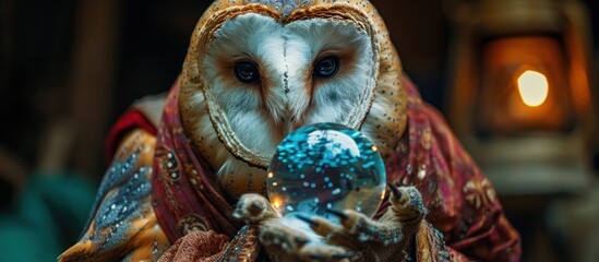 Mystical owl adorned with a celestial headdress and holding a glowing crystal ball set against a backdrop of stars galaxies and cosmic energy  This surreal