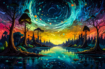 Wall Mural - A surreal, abstract forest floating on islands in the sky, with roots dangling into the cosmos oil painting vector art illustration images.
