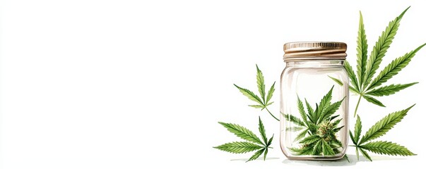 A glass jar containing fresh hemp leaves, showcasing the beauty of cannabis in a natural setting.