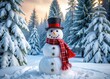 © Sirinporn - A festive snowman stands tall in a winter wonderland, adorned with a bright red scarf, top hat, and carrot nose, surrounded by snow-covered trees.
