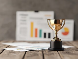 Wall Mural - a golden trophy stands proudly in front of colorful graphs and documents on a wooden surface, symbol