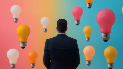 Businessman standing in a colorful field of lightbulbs growing like flowers, idea growth, nurturing creativity