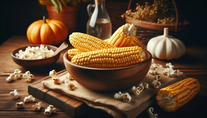 A rustic food still life, yellow corn ears draping a woven bowl, popcorn spilled on a weathered wooden table, corn kernels scattered, dimly lit with warm tones, homey textures