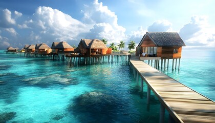 Wall Mural - Overwater bungalows embracing the azure ocean, a tropical paradise of tranquility and luxury. The concept of travel, vacation, relaxation.