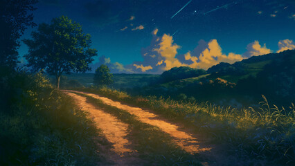 Wall Mural - View of the dirt road. Styled like an anime or game background. Blue sky, sunset, sunrise, night, fog, snow, rain, cloudiness, autumn leaves, etc.