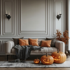 Aesthetic room interior design with Halloween elements. Wall with decoration in the apartment. Holiday pumpkins in the room.