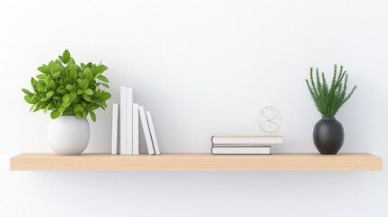 Wall Mural - close shot of a long modern minimal floating selves with light wooden color on a white wall with plants, books, vase all in minimalistic concept.