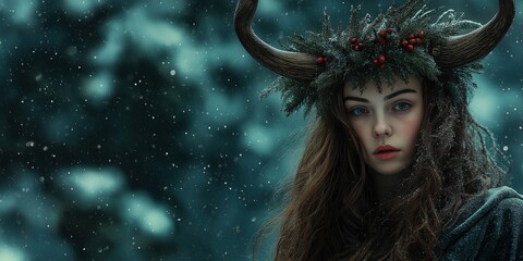 Wall Mural - Woman with horned headdress and floral crown in snowy scene. Dark fantasy portrait. Pagan New Year celebration concept. Image for event poster and holiday greeting card.