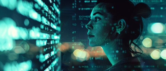 Amidst a futuristic ambiance, a woman’s face is illuminated by blue-lit data screens, immersed in high-tech information analysis.