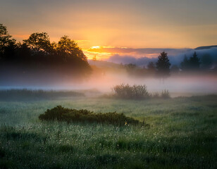 foggy landscape at dawn, with early morning mist rolling over a quiet, natural scene. _1(422)