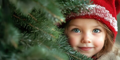 Wall Mural - A child peeking out from behind a Christmas tree