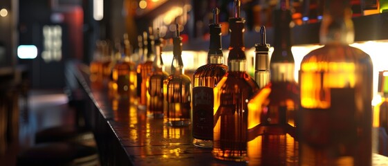 Aufkleber - A dimly lit bar counter showing a row of amber-colored whiskey bottles glowing under warm lighting, inviting patrons to unwind and indulge.