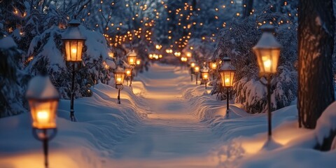 Wall Mural - A snowy path lined with Christmas lanterns 