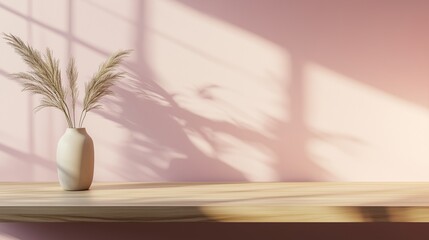 Wall Mural - Minimalist wooden counter table against concrete textured pink wall with shadow light plant