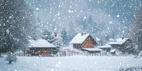 Wall Mural - Snow falling on a small village