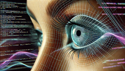 Canvas Print - Stacked with closely observed grid lines and coding elements,creating a high-tech and futuristic look.Detailed focus on the eye highlights the themes of technology and artificial intelligence.AI gener