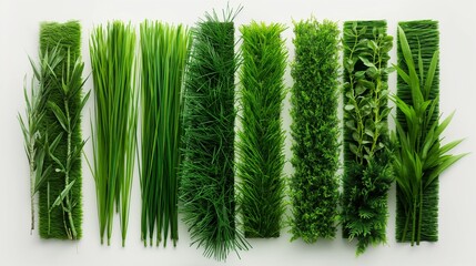 An artistic take on artificial grass, using varying shades of green to create depth and interest, laid out neatly on a white background.