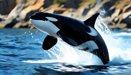 Wall Mural - Majestic killer whale leaping gracefully over vibrant blue ocean waves