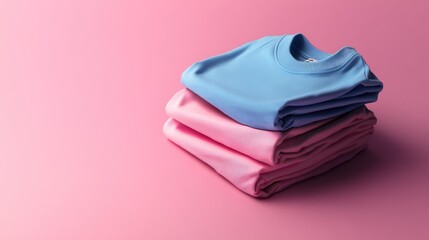 Wall Mural - Sophisticated mockup of folded pink and blue square t-shirts, stacked to highlight the vibrant tones and organized folds