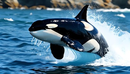 Wall Mural - Majestic killer whale leaping gracefully over vibrant blue ocean waves