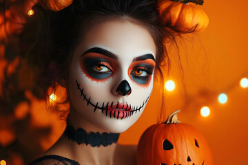 Putting on holiday helloween makeup on a creepy orange background.