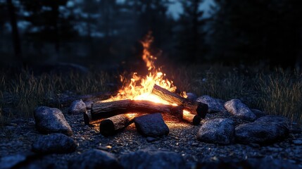 A campfire fire scene, with crackling logs and warm flames providing comfort on a cool night.