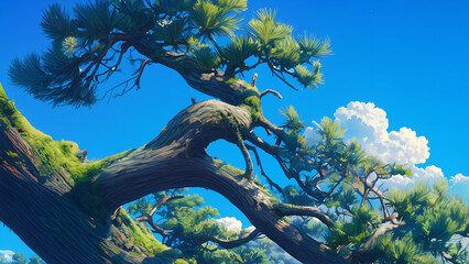 Fallen pine tree with moss. Styled like an anime or game background. Blue sky, sunset, sunrise, night, fog, snow, rain, cloudiness, autumn leaves, etc.