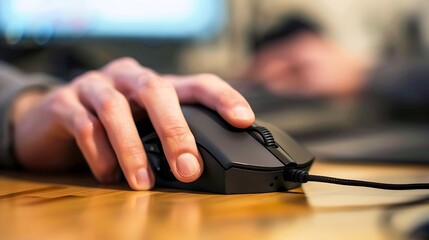 A detailed shot of a programmer's hand moving a mouse with precision while the other hand is poised above the keyboard illustrating the multitasking nature of tech professionals in their workspace