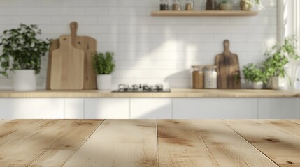 Wall Mural - Wooden brown table display on kitchen with sun bright blurred background