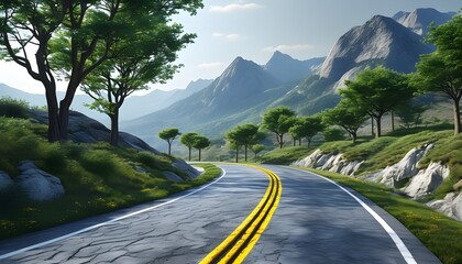 Scenic highway winding through majestic mountains and lush trees in a tranquil landscape