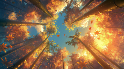 Wall Mural - The view from the bamboo grove looking up at the sky. Styled like an anime or game background. Blue sky, sunset, sunrise, night, fog, snow, rain, cloudiness, autumn leaves, etc.