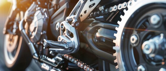 Close-up of a motorcycle's intricate mechanical parts bathed in golden sunlight, highlighting the precise engineering of chains and gears.