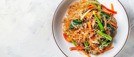 A beautifully plated glass noodle dish with an array of vegetables, topped with sesame seeds, against a light background that highlights its freshness.