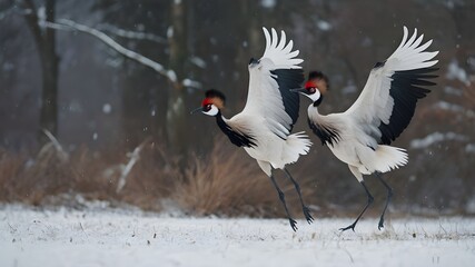 Wildlife scene from snowy nature. Dancing pair of Red-crowned cranes with open wings