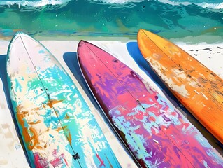 Vibrant hues of surfboards against ocean blue, coastal adventure palette.