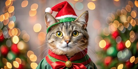 Adorable feline dressed in vibrant green and red elf attire, complete with pointy hat and jingling bell collar, poses on festive holiday-themed background.