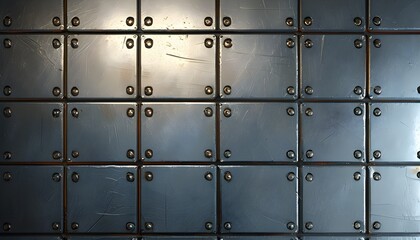 Reflective Metal Grid Plate with Rivets: Industrial Pattern Background