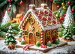 © Sirinporn - Adorable festive holiday cottage made entirely of intricately decorated gingerbread cookies, adorned with icing, candy canes, and festive holly, surrounded by winter wonderland.