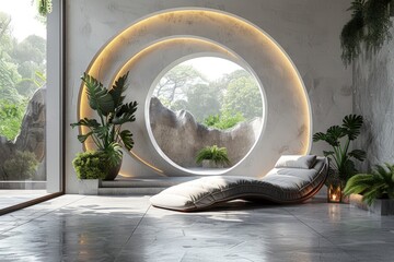 Wall Mural - Modern living room interior with a large circular window, a comfortable lounge chair, and lush greenery.