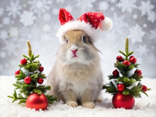 Adorable fluffy bunny wears a bright red Santa hat and holds a tiny Christmas tree, surrounded by festive holly and snowflakes on a white background.