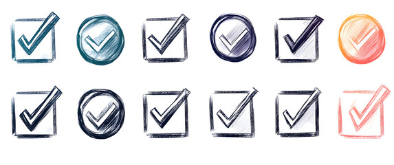 Sticker - A set of modern illustration symbols that represent check boxes, exam marks, and checklist marks. Sketches of check signs, voting agreement checklist marks, and examination tasks.