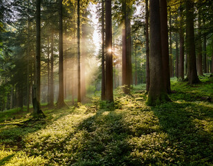 Wall Mural -  Morning in the forest, with soft sunlight filtering through the trees, creating a serene an_1(702)